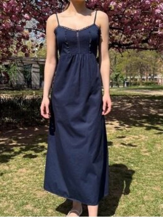 Brandy Melville Dresses & Skirts - Brandy Melville Navy Blue Midi Dress with Lace Trim